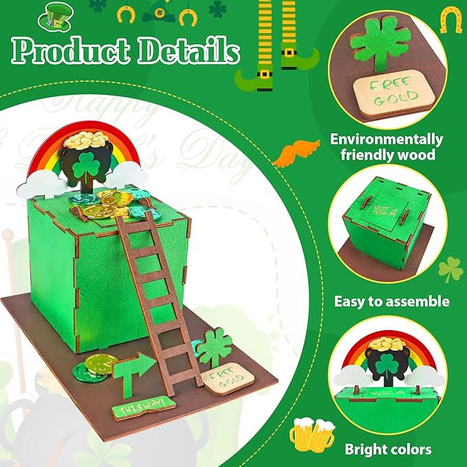 RGJ St Patrick's Day Leprechaun Trap Kit for Kids, Wooden DIY Leprechaun Trap Craft Kit to Catch A Leprechaun, St Patrick's Day Decorations for Kids Party Supplies (Finished Painted)