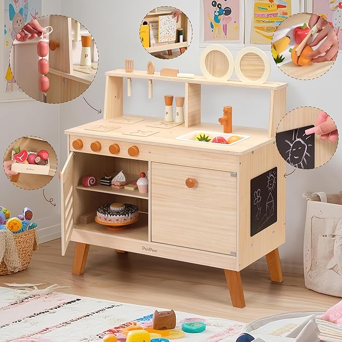 PairPear Play Kitchen for Kids, Wooden Toys Play Kitchen Sets with Toy Play Food Plates and Dishes, Larage Toy Storage System Kids Play Kitchen Accessories Designed Toys Gift for Age 3+