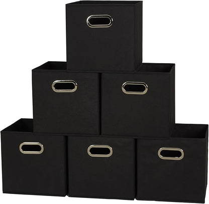 Household Essentials Foldable Fabric Storage Bins 6 Piece Set, Strong Poly-Woven Fabric, Sturdy Chipboard Sides, Grommet Front Handle, Stackable and Foldable, Classic Design, Black