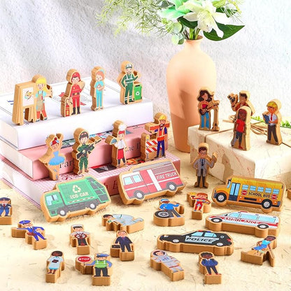 Blosssound 40 Pcs Wooden Community Helpers Toys Wooden Cars Set Wood People Figures Multicultural Career Wood Blocks for Preschool Classroom Diversity Play Games Educational Activity Supplies