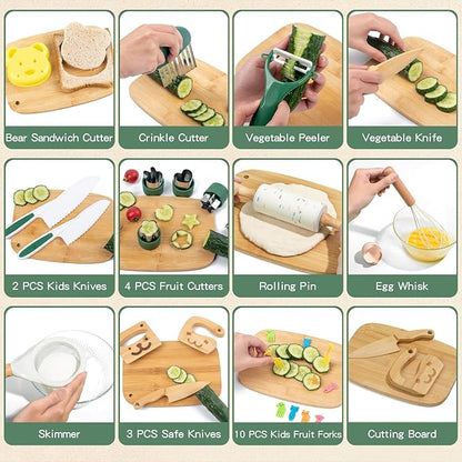 18 PCS Kids Cooking Sets Real, Montessori Kitchen Tools for Toddlers, Cooking & Baking Set for Kids Little Chefs, Toddler Knife Set, Crinkle Cutter, Cutting Board