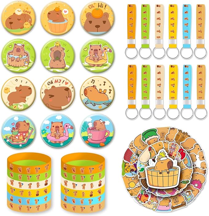 Capybara Party Favors ，Capybara Birthday Decorations For Kids Capybara Birthday Party Supplies For Girls Includes 12 Bracelets,12 Button Pins,12 Key Chain,50 Stickers