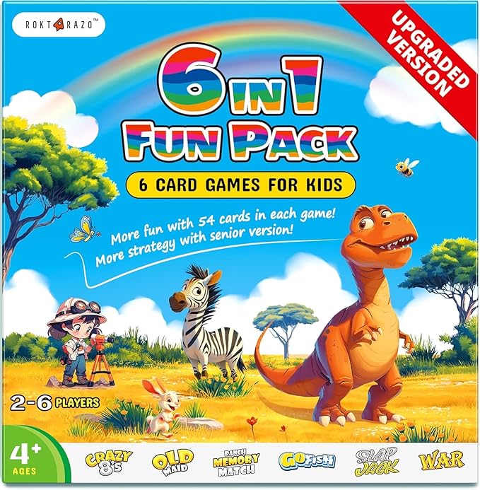 Upgraded Kids Card Games Pack, 6 Decks, Go Fish, Old Maid, Crazy Eights, Memory Match, Slap Jack, War, Playing Cards, Easter Basket Stuffers, Stocking Stuffers