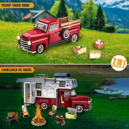 Car Building Block, 2-in-1 Camper Van Building and Farm Pickup Truck Building Set Toy for Adult, Retro Rvs Building Block Kit Set, 2188pcs