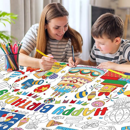 Happy Birthday Giant Coloring Poster for Kids 30x72 Inch, Birthday Large Coloring Poster Tablecloth, Birthday Themed Color-in Activities Games for Kids School Classroom Home Party Supplies Decorations