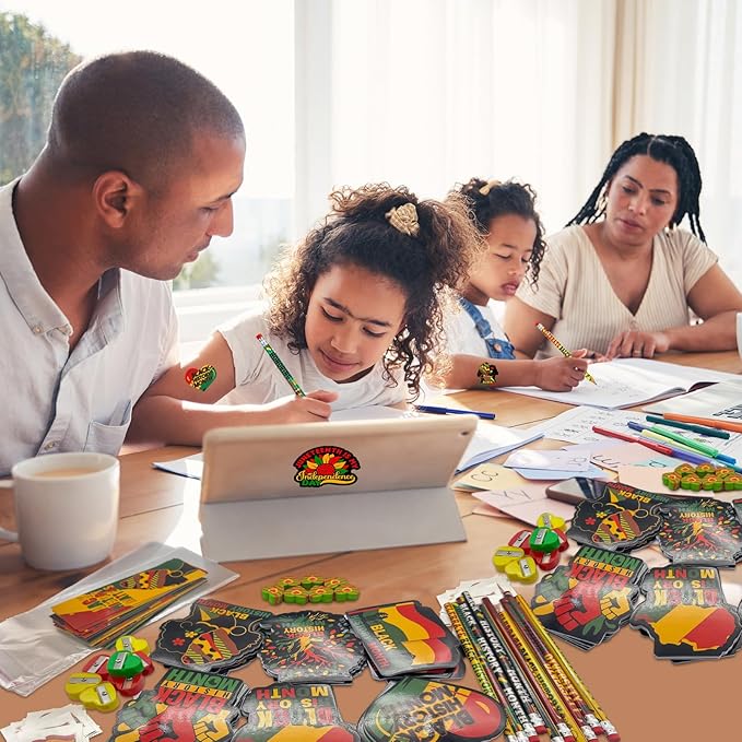 218 PCS Black History Month Party Favors Happy Juneteenth Party Classrooms Exchange Stationery Giveaways Sets Class Reward Prizes Pencils Erasers Stickers for African American Party Supplies (BHM)