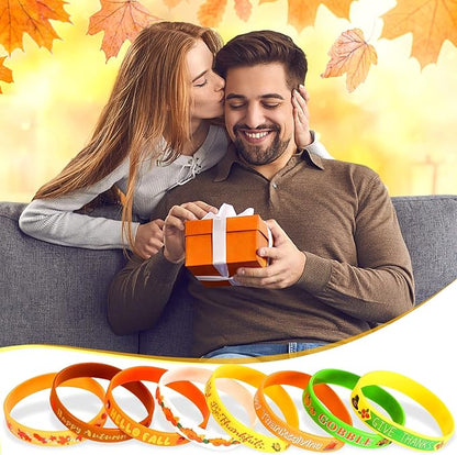 JUNEBRUSHS 24Pcs Thanksgiving Silicone Bracelets Rubber Wristbands Fall Party Favors for Kids Decorations for Autumn Thanksgiving Party Kids Stuffers Filler Accessories Gifts Supplies