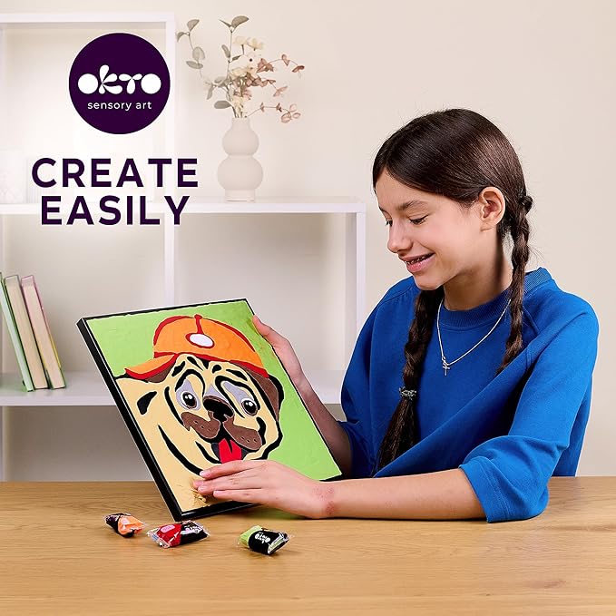 Okto Paint by Numbers for Children - Kid's Paint by Numbers Kits with Air Dry Clay, Unique 2D Wall Art, Sensory Canvas, Pug Themed, Framed Animal Kit for Age 5+