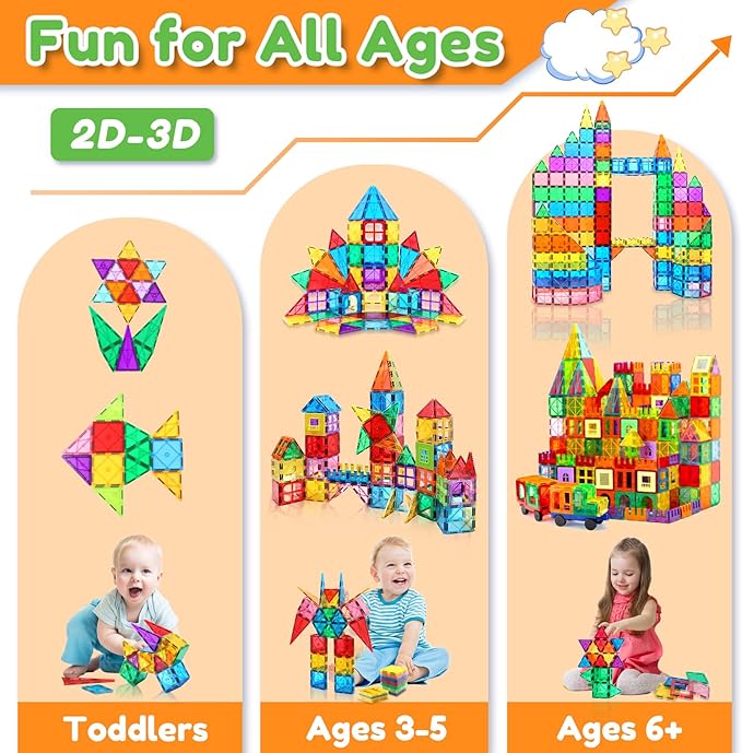 Magnetic Tiles,100PCS Magnet Building Blocks for Kids Educational Magnetic Blocks Sensory Toys Montessori Stacking Gift for 3 4 5 6 7 Year Old Boys Girls Construction STEM Toys Set with 2 Cars