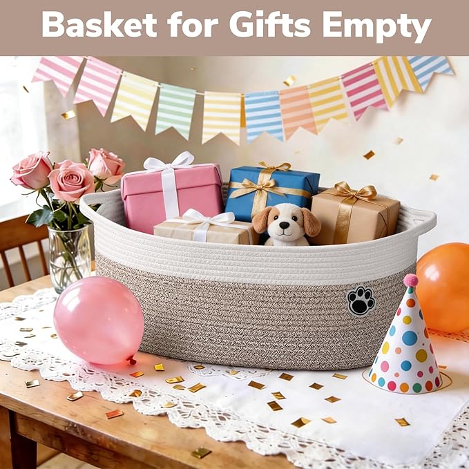 Large Dog Toy Basket, 19.7" X 11" X 7.9" Woven Rope Basket for Toy Storage, Dog Storage Bins with Handles, Gift Baskets Empty for Baby Shower, Mixed-Brown