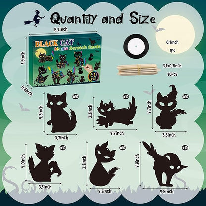 CY2CSIDE Halloween Black Cat Scratch Cards - 60PCS Halloween Spooky Ornament Scratch Card Gift Set for Kids DIY Black Cat Skull Magic Arty Rainbow Color Bookmark Craft Kit for Kids School Activity