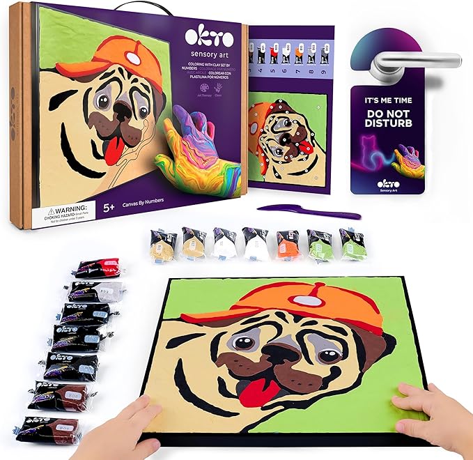 Okto Paint by Numbers for Children - Kid's Paint by Numbers Kits with Air Dry Clay, Unique 2D Wall Art, Sensory Canvas, Pug Themed, Framed Animal Kit for Age 5+