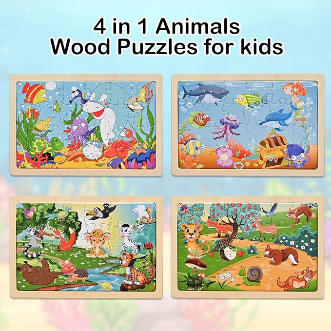 Puzzles for Kids Ages 4-6, Wooden Puzzles for Toddlers, 4 Packs 24 PCS Thickened Sea and Animal Puzzle Toys, Preschool Educational Puzzle Toys for Boys and Girls 3 4 5 6 Years Old