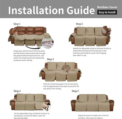 Easy-Going Oversized Recliner Sofa Cover, Reversible Couch Cover for 3 Seat Recliner, Split Sofa Cover for Each Seat with Elastic Straps for Kids, Dogs, Pets (3 Seater, Beige/Beige)