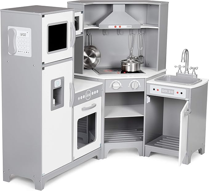 Amazon Basics Kids Corner Wooden Kitchen Toy Playset with Stove, Oven, Sink, Fridge and Accessories, for Toddlers, Preschoolers, Children Age 3+ Years, White & Gray, 39.37"L x 28.35"W x 35.04"H