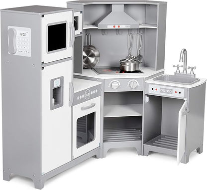 Amazon Basics Kids Corner Wooden Kitchen Toy Playset with Stove, Oven, Sink, Fridge and Accessories, for Toddlers, Preschoolers, Children Age 3+ Years, White & Gray, 39.37"L x 28.35"W x 35.04"H