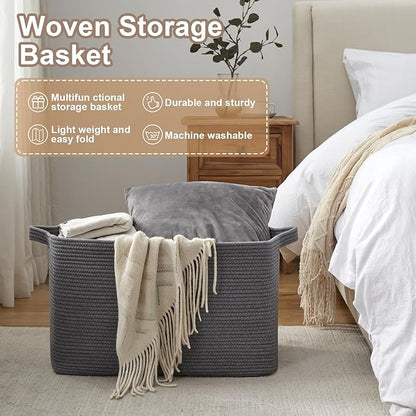 OIASKET 95L Extra Large Blanket Basket, 24" x 16.9" x 14.2" Woven Storage Basket for Living Room, Nursery Blanket Storage for Toys, Towels, Dirty Clothes (Grey)