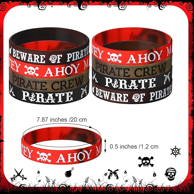 Capoda 24 Pieces Pirate Silicone Bracelets Ahoy Matey Caribbean Rubber Wristbands Skull Pirate Ship Party Favors for Girls Boys Pirate Theme Birthday Party Decorations Halloween Party Supplies