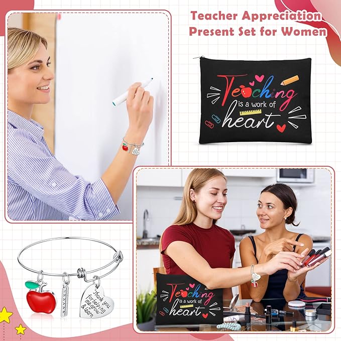 8 Pcs Teacher Appreciation Gift Set for Women, 4 Teacher Makeup Pouch Cosmetic Bags and 4 Bangle Bracelets, Christmas Valentines Thank You Gifts for Teacher (A Work of Heart)