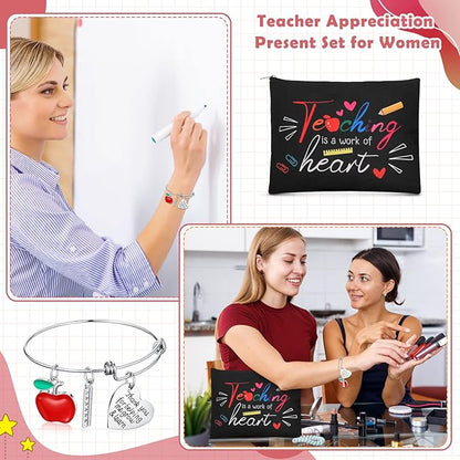 8 Pcs Teacher Appreciation Gift Set for Women, 4 Teacher Makeup Pouch Cosmetic Bags and 4 Bangle Bracelets, Christmas Valentines Thank You Gifts for Teacher (A Work of Heart)