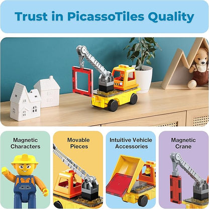 PicassoTiles Magnet Tile Building Blocks 3-in-1 Crane, Dump Truck, and Ladder Construction Vehicle Brick Compatible Magnetic Tiles Toy Set with Car Base Character Action STEM Learning Kit Age 3+ PTU03