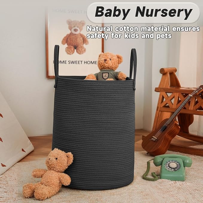JMvicyroam Large Woven Laundry Basket Hamper,100L Cotton Rope Storage Bin for Blankets,Toys and Clothes,Decorative Tall Nursery Hamper for Living Room,Baby Nursery,Bathroom and Bedroom,Black
