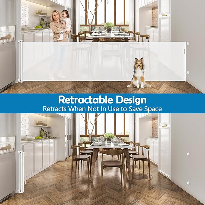 90 Inch Retractable Baby Gates Extra Wide Dog Gates for Dogs Indoor Outdoor Extra Long Baby Gates for Large Openings Large Baby Gate Mesh Dog Gates for The House Extra Wide Baby Gate Deck Gate, White