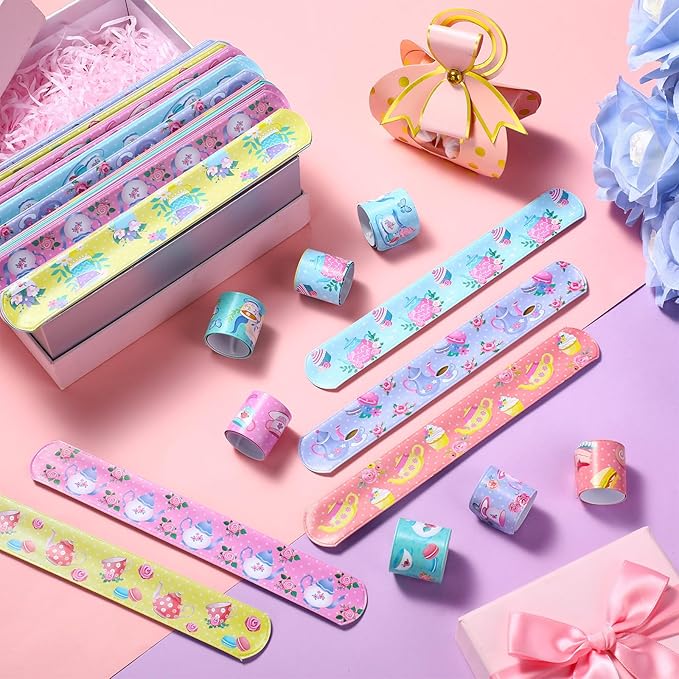 Junkin 48 Pcs Tea Party Favors Floral Slap Bracelet Supplies Tea Party Supplies Decoration Girls Pink Teapot Flower Bracelets for Partea Birthday Baby Shower Decor