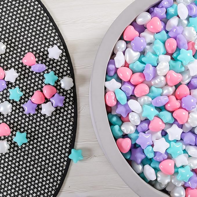 GOGOSO Ball Pits Balls for Toddlers, 100 Stars Hearts Florid Shapes Ball, Flowers Plastics Balls for Bounce House, Pastel Ball for Kids Birthday Party Xmas Friendship Bracelet Banner Decor