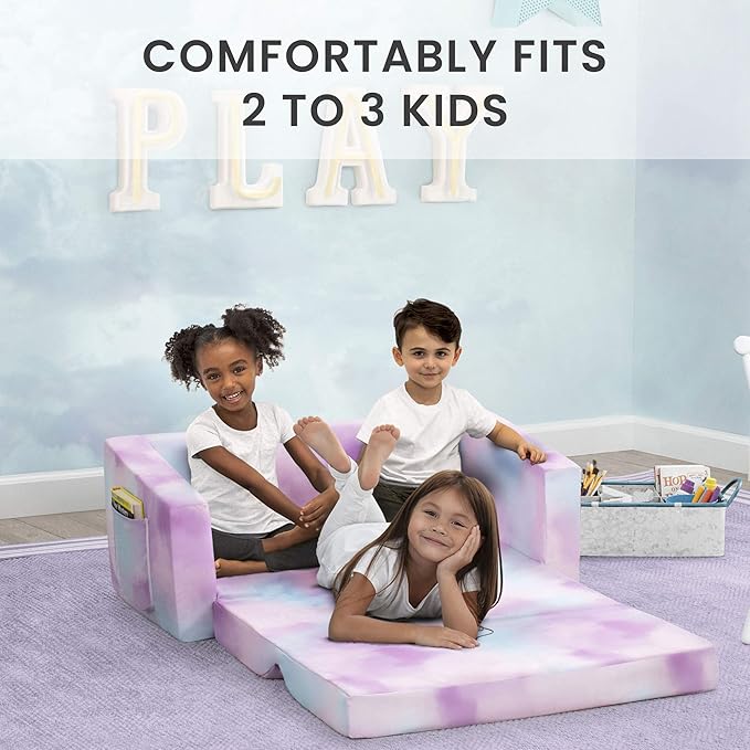 Delta Children Cozee 2-in-1 Extra Wide Convertible Sofa to Lounger-Comfy Flip Open Couch/Sleeper for Kids, Pink Tie Dye