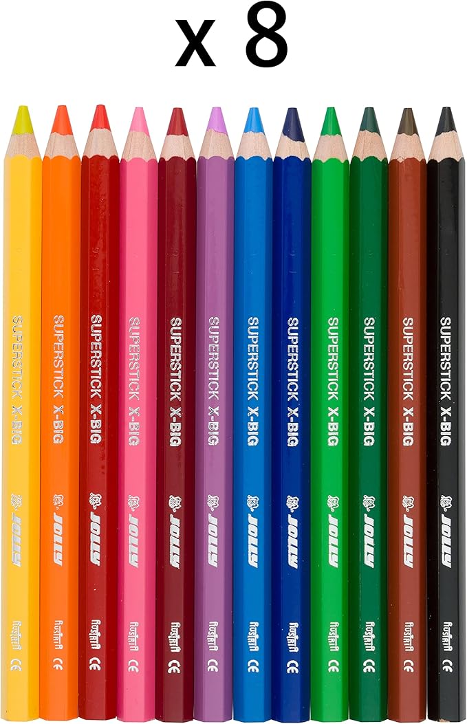 JOLLY X-Big Premium Jumbo Colored Pencils with Stackable Kindergarten Tote Box; 96 Pcs (8 each of 12 primary colors), Perfect for Group Projects, Classrooms, Special Needs, Art Therapy, Pre-School
