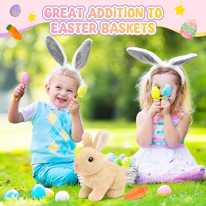 Realistic Bunny for Kids - Interactive Hopping Bunny Toy Set with Headband, Electric Lifelike Robot Rabbit that Move, Walking Barking and Wagging Tail Bunby Stuffed Animal with Sounds,Brown