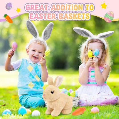 Realistic Bunny for Kids - Interactive Hopping Bunny Toy Set with Headband, Electric Lifelike Robot Rabbit that Move, Walking Barking and Wagging Tail Bunby Stuffed Animal with Sounds,Brown
