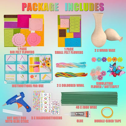 FTBox Crafts Kit for Girls Ages 6-12, Felt Flowers Bouquet and Art Craft Project for Girls, DIY Activity Christmas Birthday Gift for Girls Age 6 7 8 9 10 11 12 Year Old (Wood Vases)
