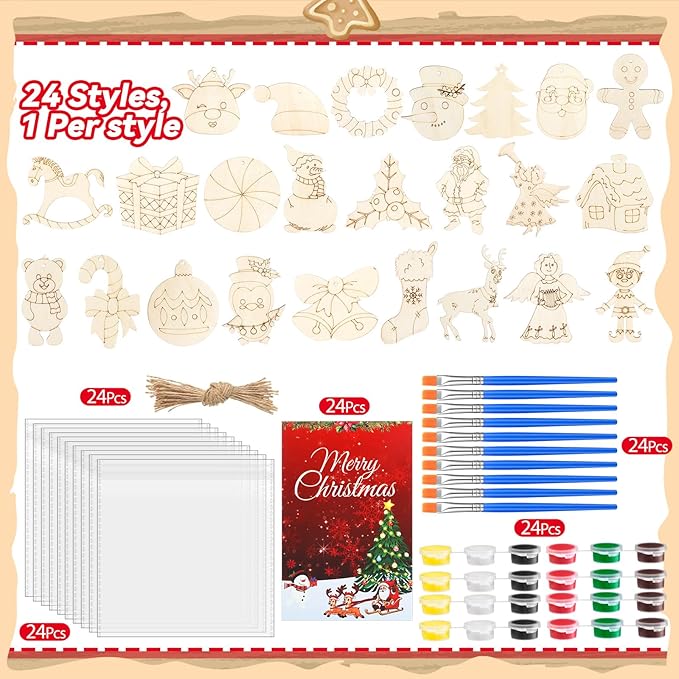 24 Pcs Christmas Party Favors Wooden Painting Craft Kits Birthday Party Supplies with Organza Bag for Goodie Bags Fillers Adult Thank You Gifts