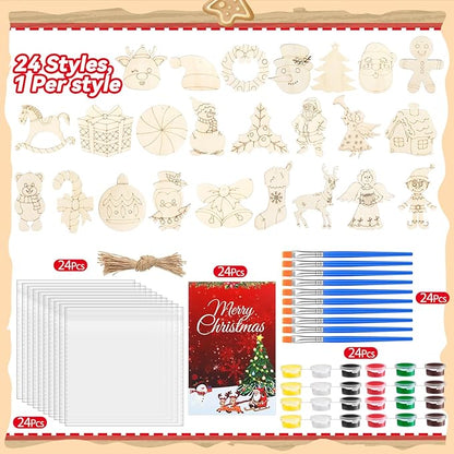 24 Pcs Christmas Party Favors Wooden Painting Craft Kits Birthday Party Supplies with Organza Bag for Goodie Bags Fillers Adult Thank You Gifts