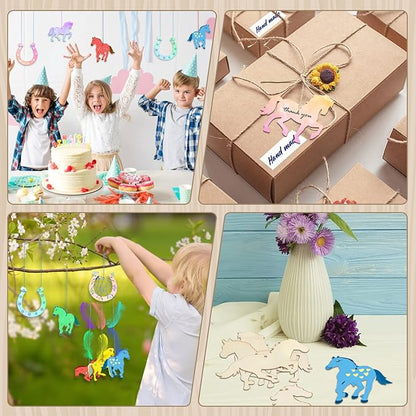 Fennoral 30 Pack Wooden Horse Craft for Kids Unfinished Wooden Cutouts Horse Horseshoes for Girls Boys Paint You Own Horse Dream Catcher Craft for Kids DIY Art Activity Party Favors Decoration