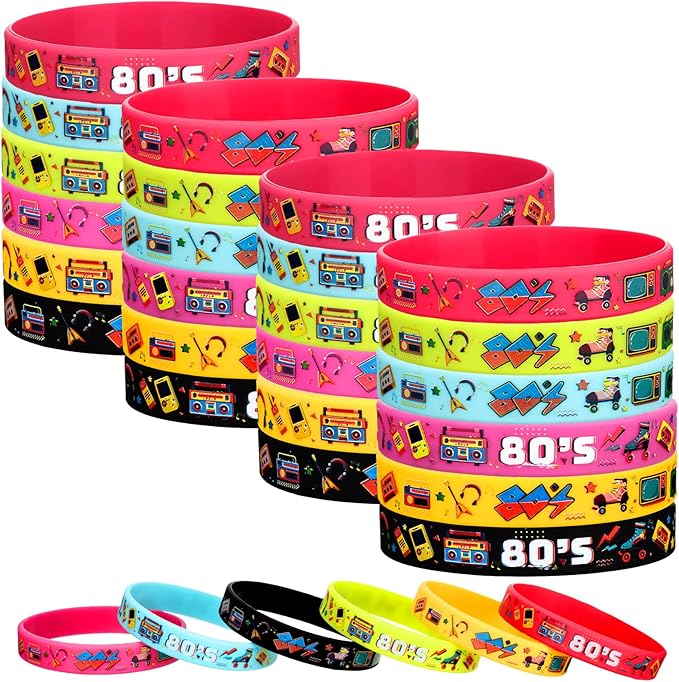 Leitee 48 Pcs 80s Party Favors 1980s Themed Silicone Bracelets 80s Jewelry for Women Men Radio Roller Skate 80s Bracelets Retro Rubber Wristbands for 1980s Party Birthday Music Party Supplies
