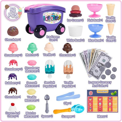 Ice Cream Cart Toys for Kids, 52 Pcs Ice Cream Shop Playset, Ice Cream Stand Food Toys for Toddlers 3-5，Pretend Play Grocery Store Set Toy for Ages 2-4-6, Girl or Boy Christmas Birthday Gifts