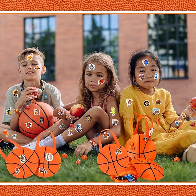Aoriher 158 Pcs Basketball Party Favors Set Bulk Sport Non Woven Gift Bags Slap Bracelets Mini Bouncy Balls Toy Whistle Keychains Sticker Stampers for Sport Party Supplies(Basketball)