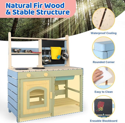 2 in 1 Wooden Mud Kitchen, Outdoor Play Kitchen with Removable Sink,Water Box & Faucet,Stove Top, Storage Bags& Metal Basket,Kitchen & Grocery Store Backyard Outdoor Pretend Kitchen for Kids