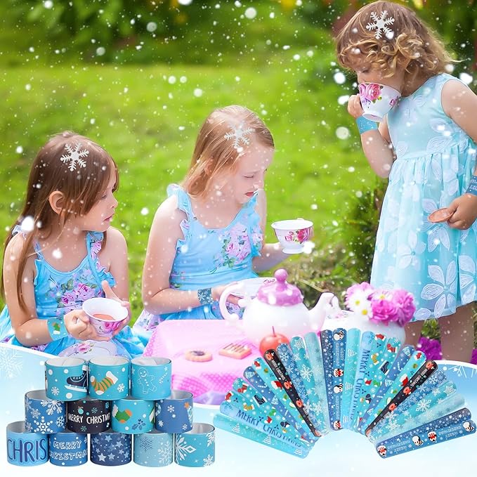 CCINEE 48Pcs Christmas Slap Bracelets，Xmas Snowflake Slap Wristbands Assorted Christmas Theme Pattern Snap Wristbands for Kids Christmas Frozen Party Favors Gift Bag Filler