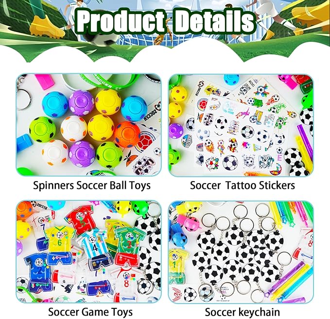 158Pcs Soccer Party Favors for Kids, Soccer Goodie Bag Stuffers Includ Rotatable Finger Stress Toys Whistles Bubble Wands Keychain Sticker for Birthday School Classroom Gifts Reward Prize