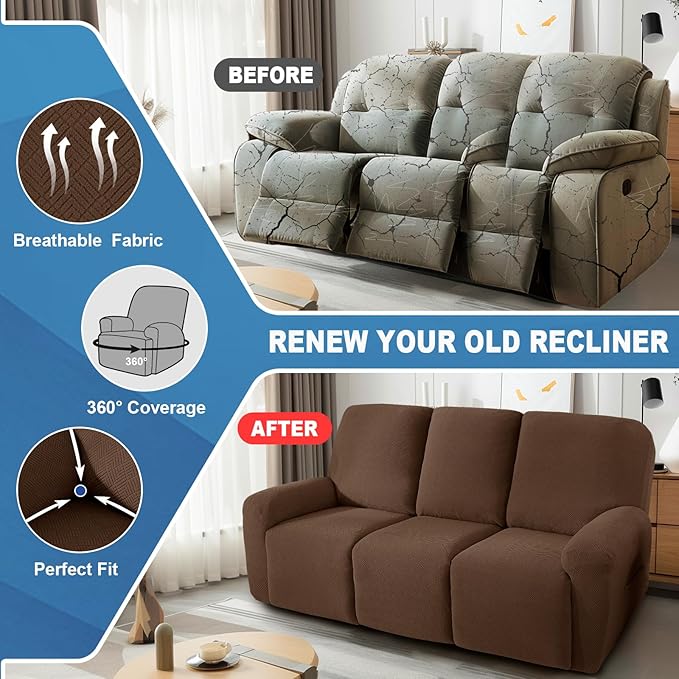 JIVINER 5 Pieces Recliner Sofa Covers Stretch Recliner Sofa Slipcover with Elastic Bottom Jacquard Fitted Reclining 3 Cushion Couch Cover Furniture Protector with Pockets (3 Seater, Brown)