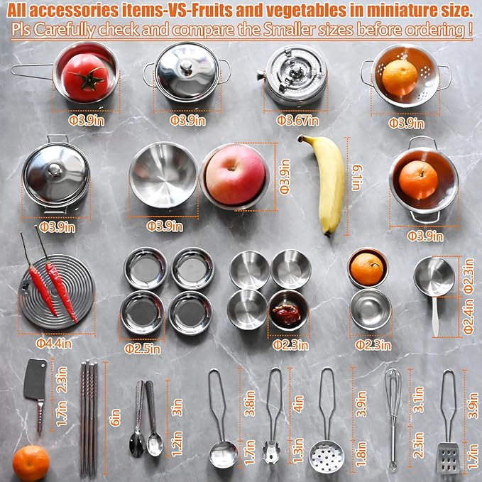 Tiny Classic Stainless Steel Kitchen Toys Cooking Utensils Set-Pretend Play Pots Pans Toy Cookware Kits for Kids Cooking Utensil Set Interactive Learning Role Play Educational Toys for Kids Mini Size