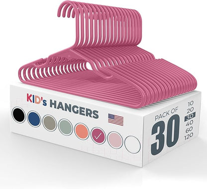 Made in USA Baby Hangers, Kids Hangers for Children's Clothes, Toddler Outfits and Clothing, 20 50 100 Pack Available, Kid Plastic Hanger for Closet and Nursery, Child Kid Hangars (30pk Pink)