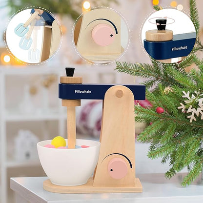 Kids Kitchen Playset, Wooden Toy Mixer with Toy Food, Toddler Baking Set Stand Mixer, Pretend Play Toy Blender for Boys and Girls Ages 3+