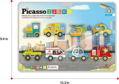 PicassoTiles 8pc Metro City Vehicle Magnet Building Block Set with Magnetized Action Figures Compatible with Magnetic Tile Kits STEAM Educational Construction Playset for Boys Girls Age 3 Plus PTA24