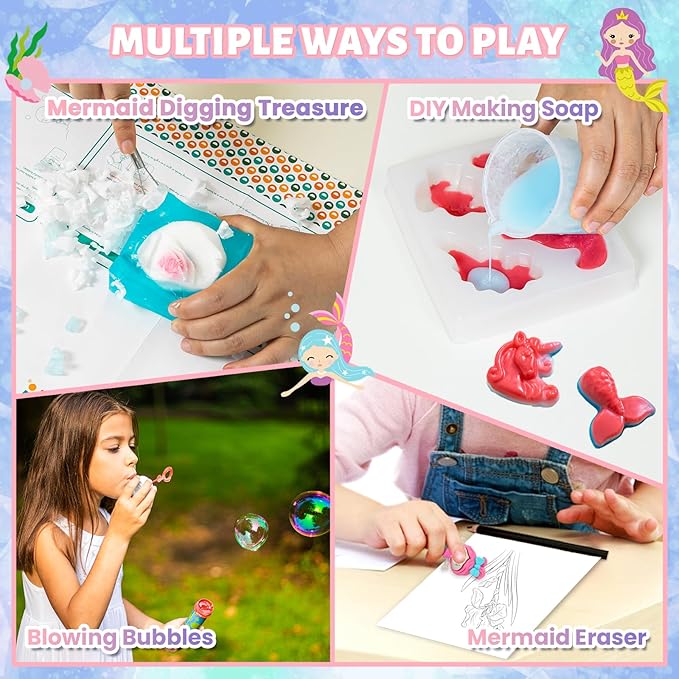 3 in 1 Mermaid Soap Making Craft Kit Kids Toy, STEM Art and Craft Science Toy for Toddler, Dig Soap with Silicone Mold,Fragrances, Best Educational Craft Activity, Birthday Easter Gift for Girl Boy