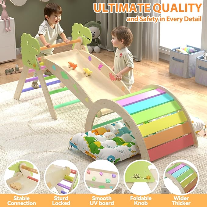 Pikler Triangle Set with Cushion 9 in 1 Climbing Toys for Toddlers 1-3 Indoor Baby Gym Toddler Montessori Toys Wooden Climbing with Maze, Shape Sorting, Dinosaur Car